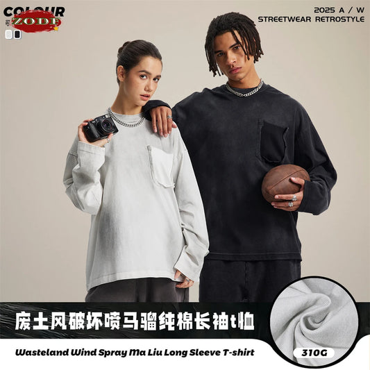 ZODF Retro Man's 325gsm Cotton Full Sleeve T-Shirts Unisex Distressed Wastland Style Monkey Washed T Shirt Tees HY1160