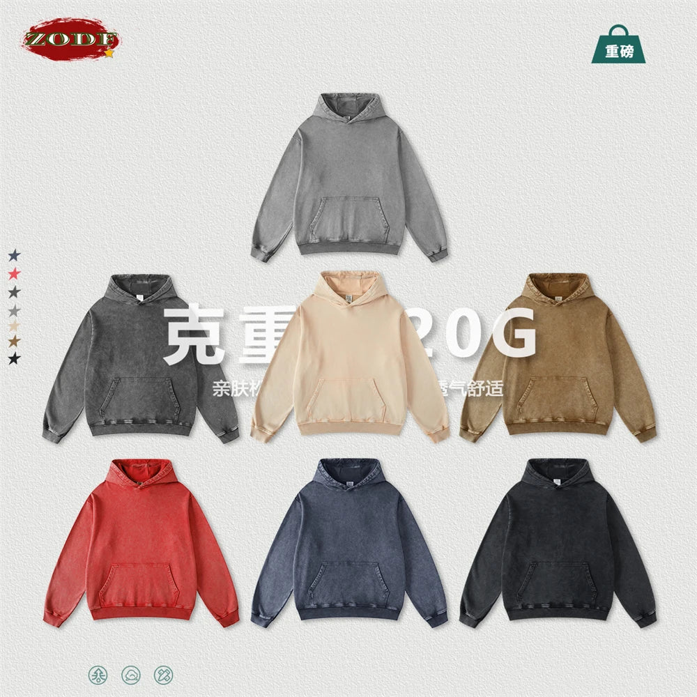 ZODF Retro Men Heavyweight Washed Cotton Hoodies Unisex Loose Thick 420gsm Hooded Sweatshirts Pullovers Coats HY0466