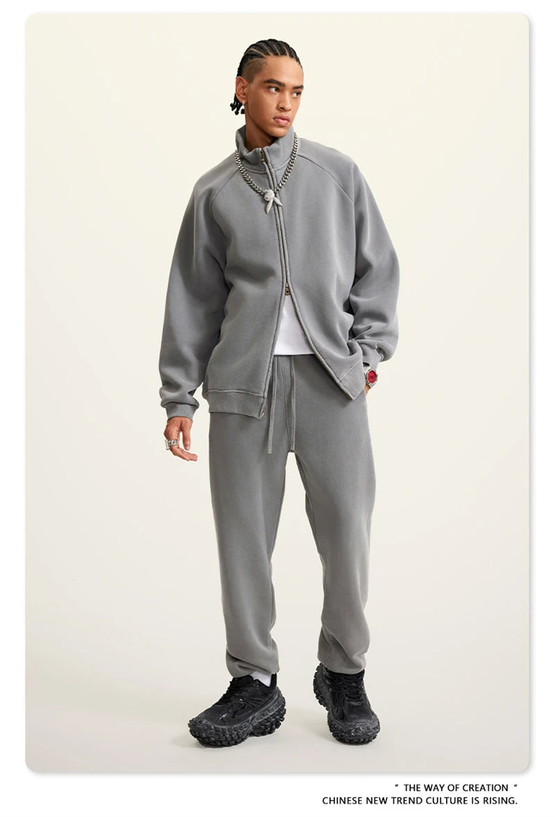 ZODF Retro Winter Men Washed Fleece Zipper Jackets Unisex Loose Oversized 400gsm Raglan Sleeve Coats Streetwears HY0649