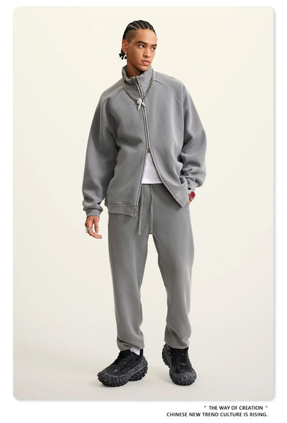 ZODF Retro Winter Men Washed Fleece Zipper Jackets Unisex Loose Oversized 400gsm Raglan Sleeve Coats Streetwears HY0649