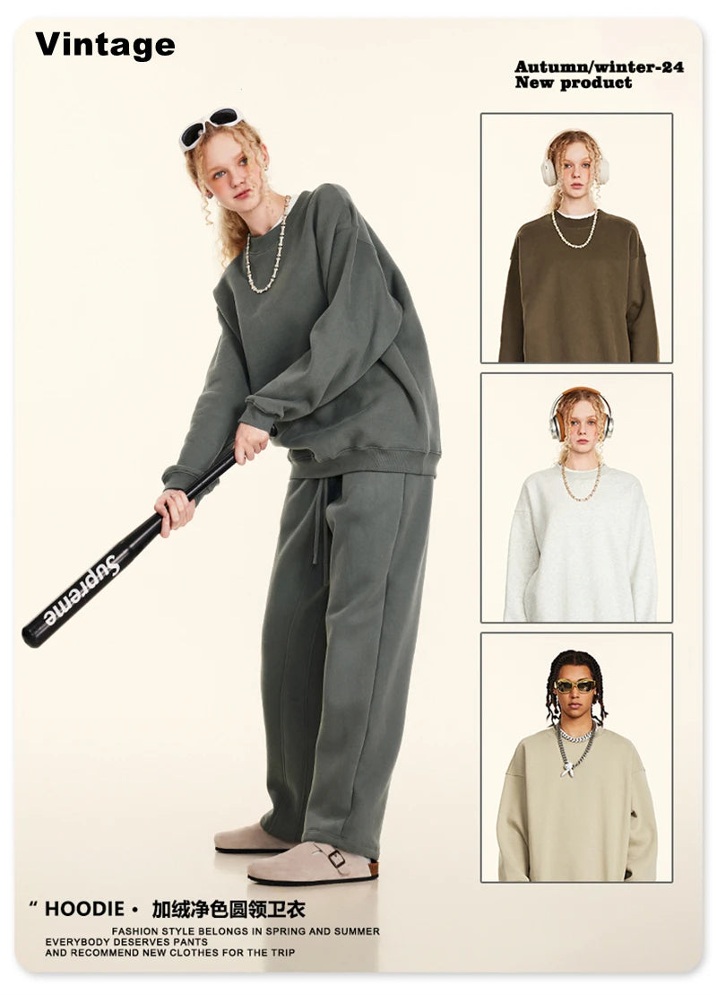 ZODF 2024 Winter Men 345gsm Fleece Sweatshirts Unisex Women Casual Loose Warm Solid O-Neck Pullovers Streetwears HY0865