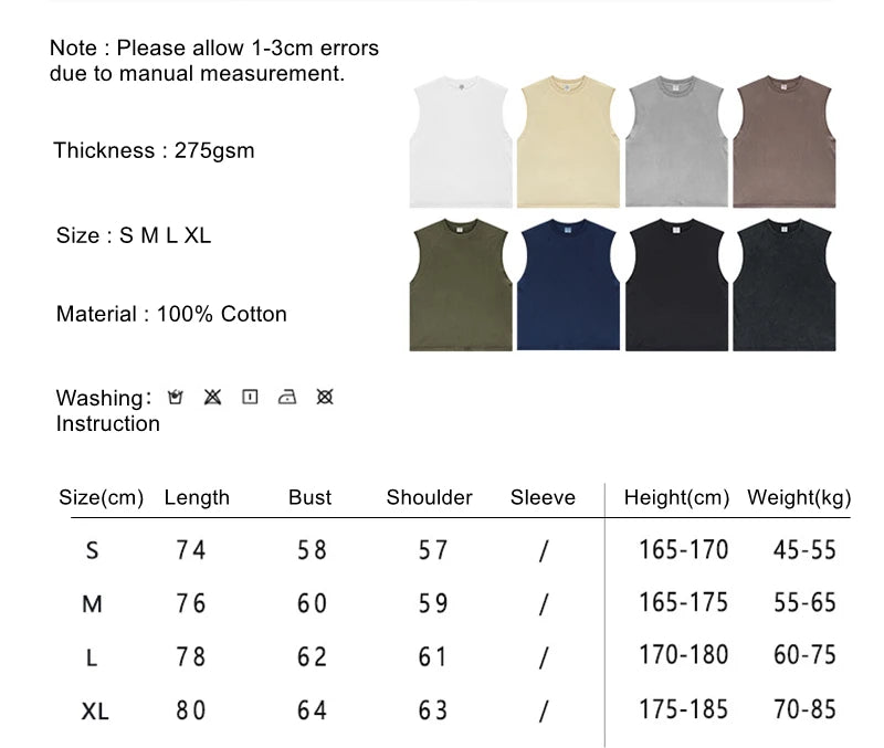 ZODF American Retro Men Washed Solid Tank Tops Women Unisex Loose Edge 275gsm Cotton Sleeveless Tees Brand Streetwears HY0503