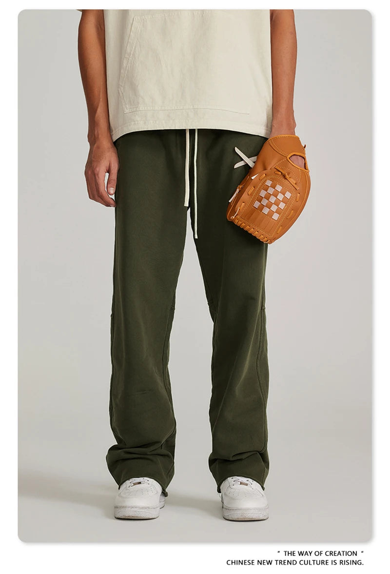 ZODF 2023 Spring Men 380gsm Washed Cotton Pants American Retro Unisex Loose Edge Oversized Straight Trousers Streetwears HY0537