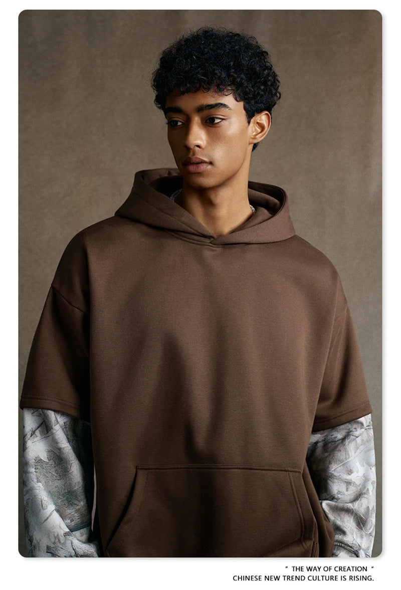 ZODF Fashion Winter Fake 2-Piece 340gsm Fleece Hoodies For Men Unisex High Street Camouflage Sleeve Hooded Pullovers HY1153