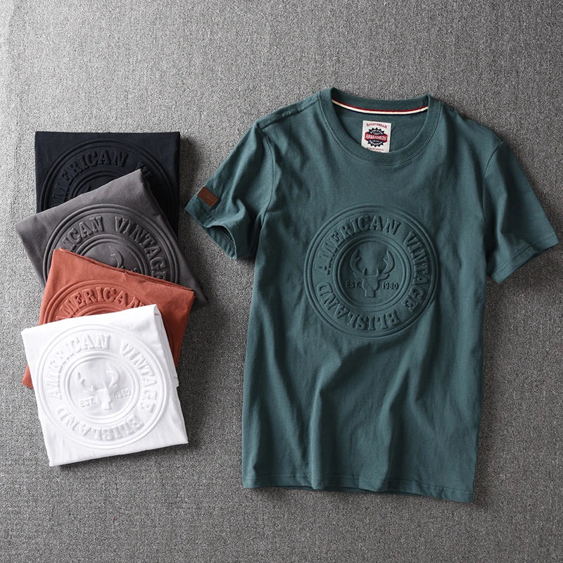 2025 Summer New American Retro Short-sleeved O-neck 3D Letter Printed T-shirt Men's Fashion 100% Cotton Washed Casual Sport Tops