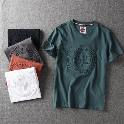 2025 Summer New American Retro Short-sleeved O-neck 3D Letter Printed T-shirt Men's Fashion 100% Cotton Washed Casual Sport Tops