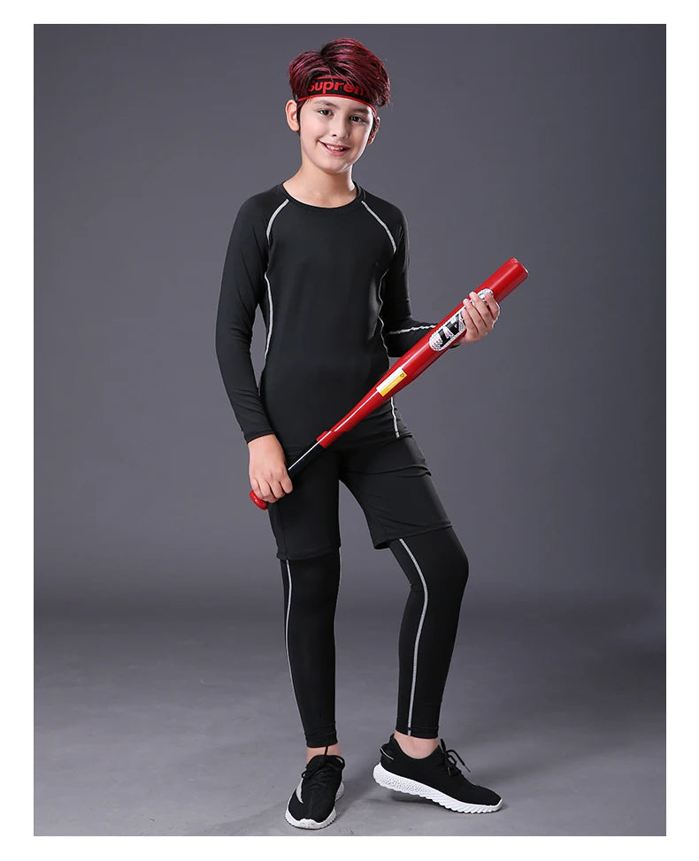 Kids Fitness Tracksuits Youth Warm Compression Pants and Tops Sportswear for Boys Running Basketball