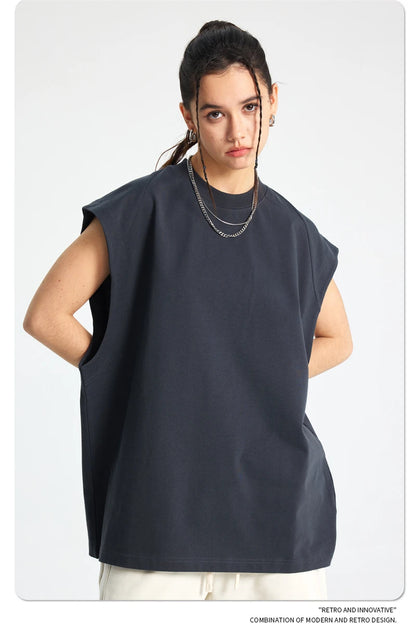 ZODF Trendy Men Summer Solid Cotton Tank Tops Unisex Oversized 275gsm Patchwork Sleeveless Tees Vests HY1051