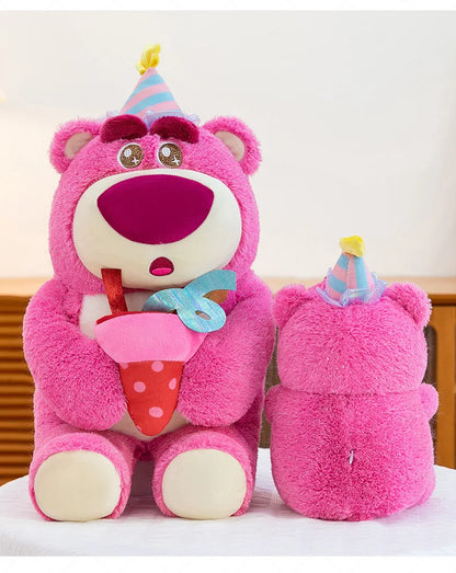 Disney Plush Strawberry Bear Doll with Birthday Hat Cute Stuffed Animal for Kids Birthday Xmas Gift Perfect Toy for Children And