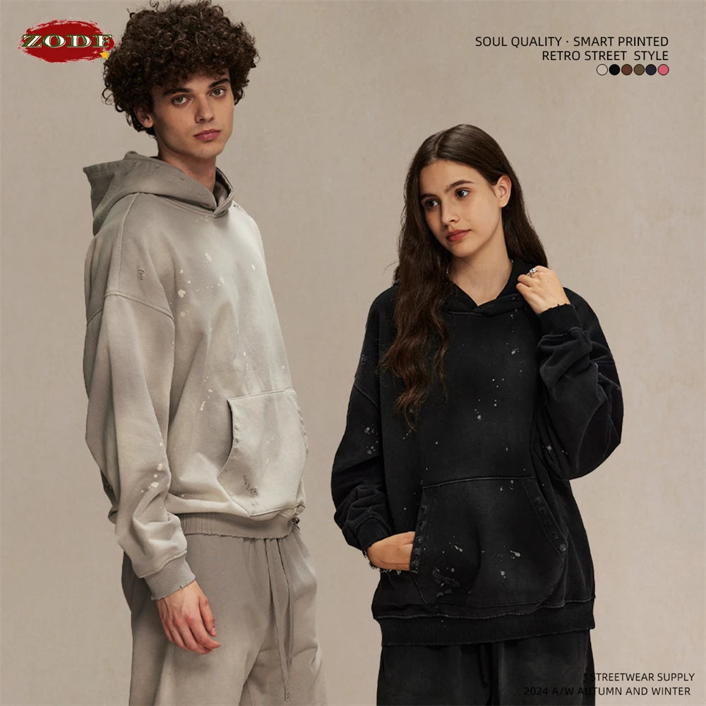 ZODF Autumn Winter Spray Dyeing Ink Splashing Hoodies For Men Unisex 450gsm Washed Oversized Knitted Hooded Pullovers HY0908