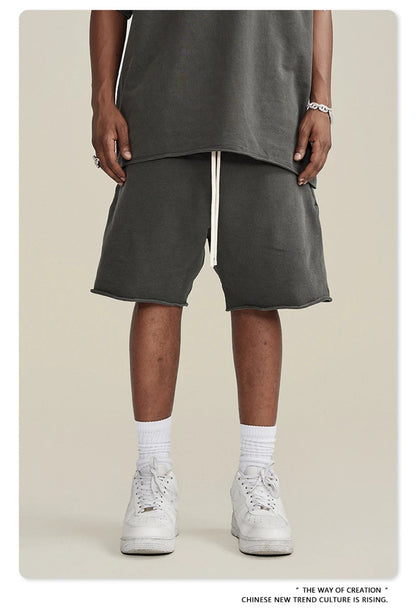 ZODF New Summer Men Retro Washed Shorts Unisex Drawstring Loose Edge 420gsm Solid Knee Length Cotton Pants Streetwears HY0589