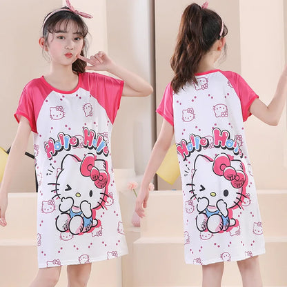 MINISO Children Home Clothing Girls Night Dress Summer Short Sleeve Disney Hello Kitty Cat Toddler Girl Pjs Nightgown Sleepwear