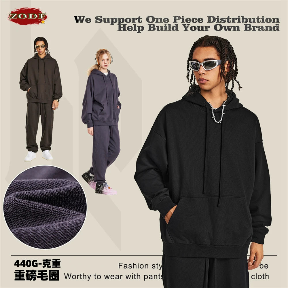ZODF New Autumn Winter Solid Heavy Weight Hoodies For Men Unisex Basic Loose 440gsm Knitted Hooded Pullovers HY0886