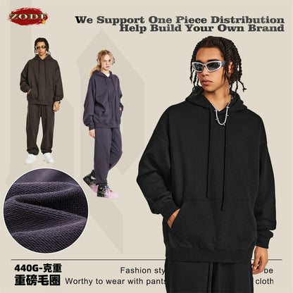 ZODF New Autumn Winter Solid Heavy Weight Hoodies For Men Unisex Basic Loose 440gsm Knitted Hooded Pullovers HY0886