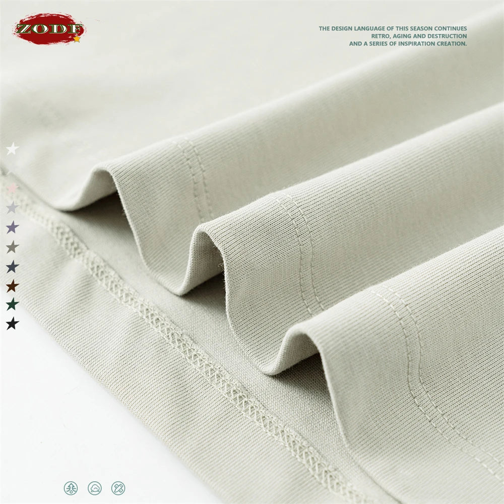 ZODF New 2025 Men Basic Solid 255gsm Cotton T-Shirts Unisex Loose Breathable Comfortable T Shirt Brand Clothes HY0973