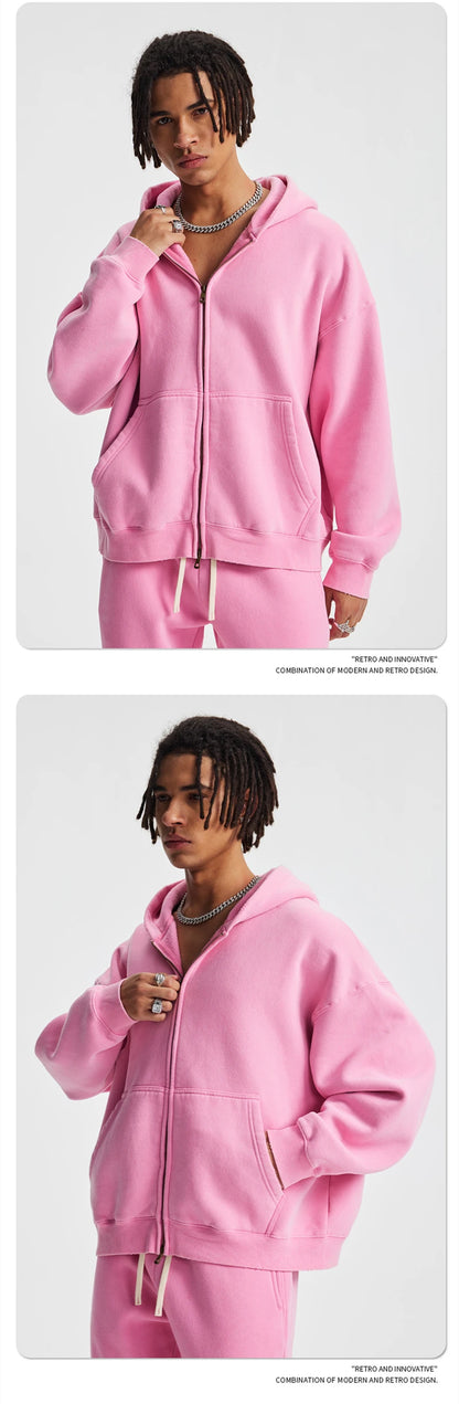 ZODF New 2025 Winter Man's Fleece Zipper Hoodies Unisex Retro 370gsm Loose Boxy Batik Washed Hooded Coats Sweatshirts HY1164