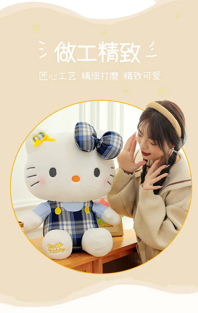 Sanrio Hello Kitty Plush Toy Retro Plaid Skirt Kitty Doll Stuffed Animal Creative Gift for Kids Birthday Christmas Girls Pillow