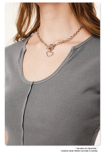 ZODF Women Retro 2025 Summer 275gsm U Collar Washed T-Shirts Hotsweet Girls Sexy Slim Fit T Shirt Brand Tees HY0992