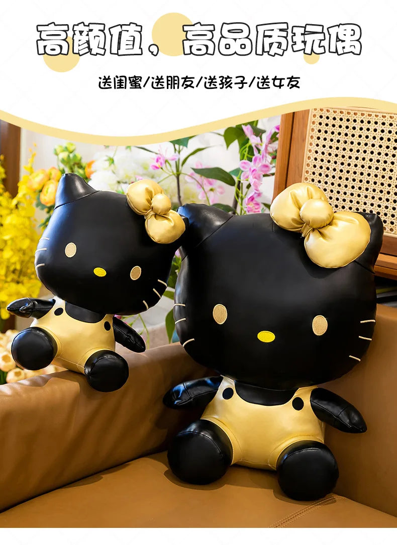Cute Hello Kitty Plush Toy Black Gold Leather Cute Stuffed Animal Doll Kids Birthday Xmas Gift for Girls Plushie Pillow Present