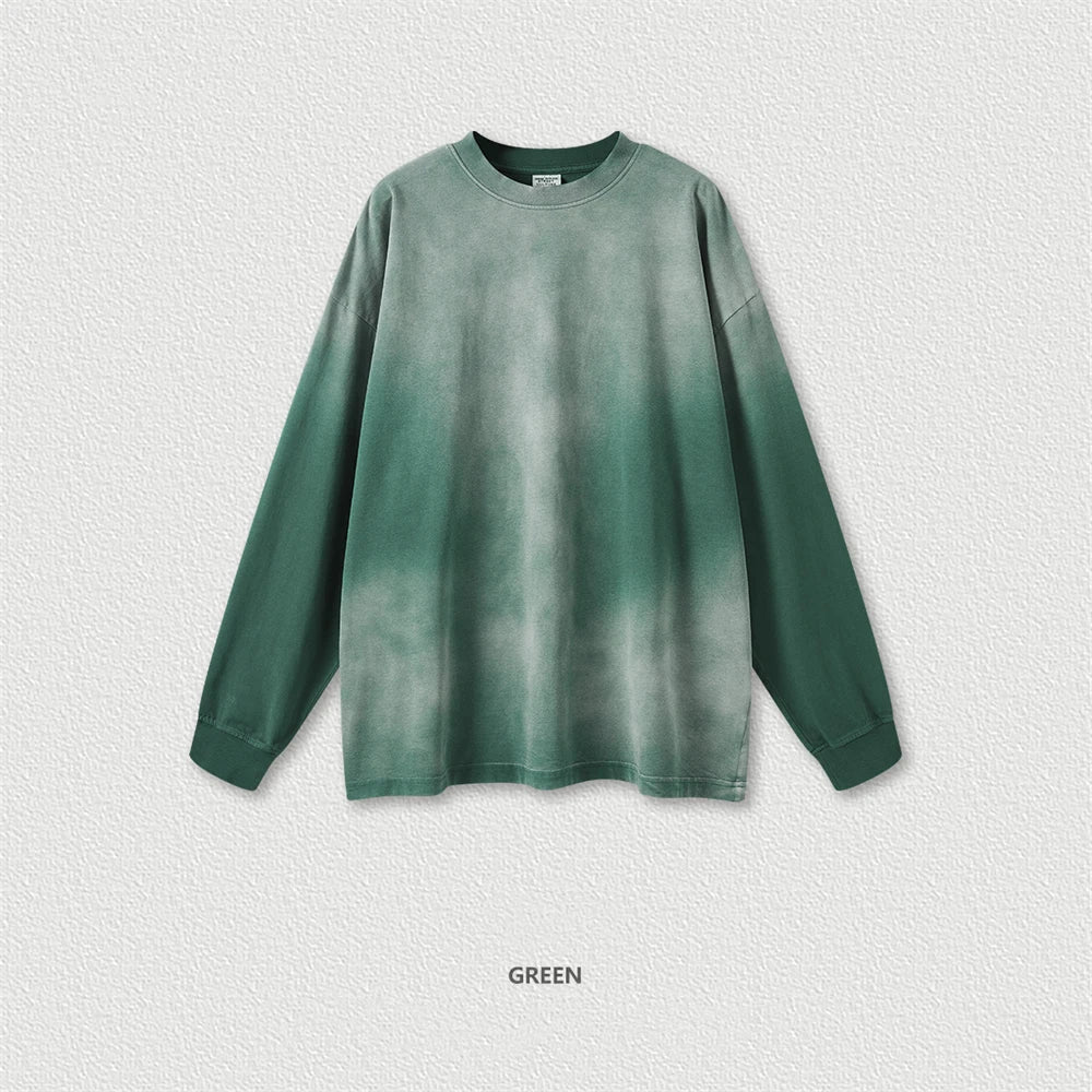 ZODF Retro Monkey Washed 260gsm Cotton Full Sleeve Loose High Street T-Shirt for Men Unisex HY0406 - green / S / China