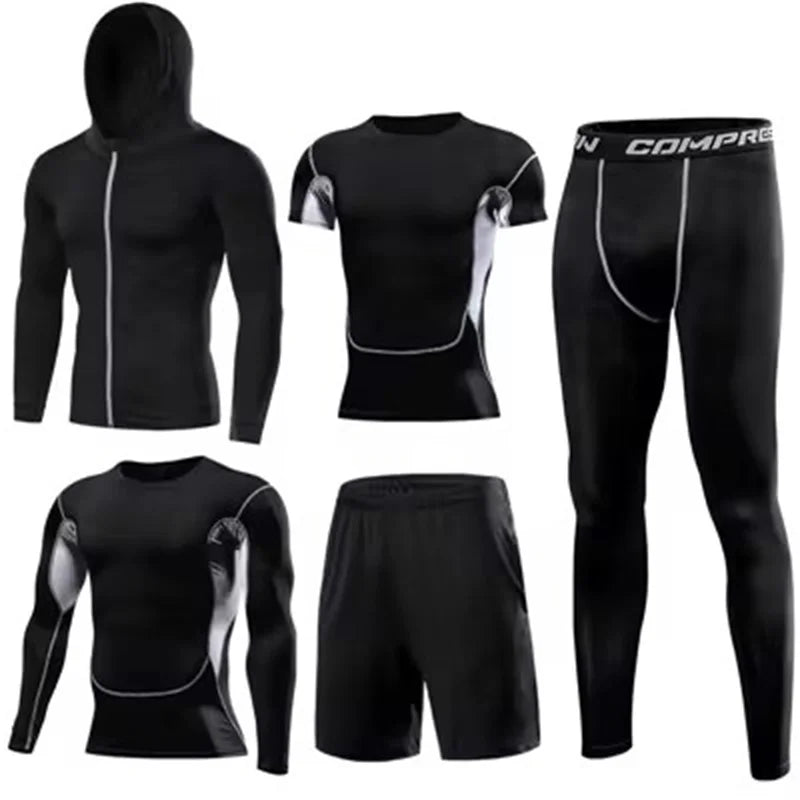 Men’s 5pcs MMA Boxing Suit Set Rashguard Compression Long-Sleeve T-Shirt & Leggings Tracksuit - Gold / XL