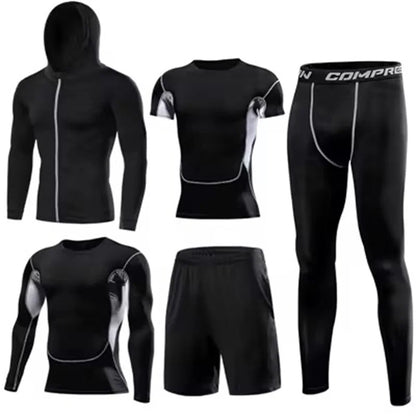 Men’s 5pcs MMA Boxing Suit Set Rashguard Compression Long-Sleeve T-Shirt & Leggings Tracksuit - Gold / XL