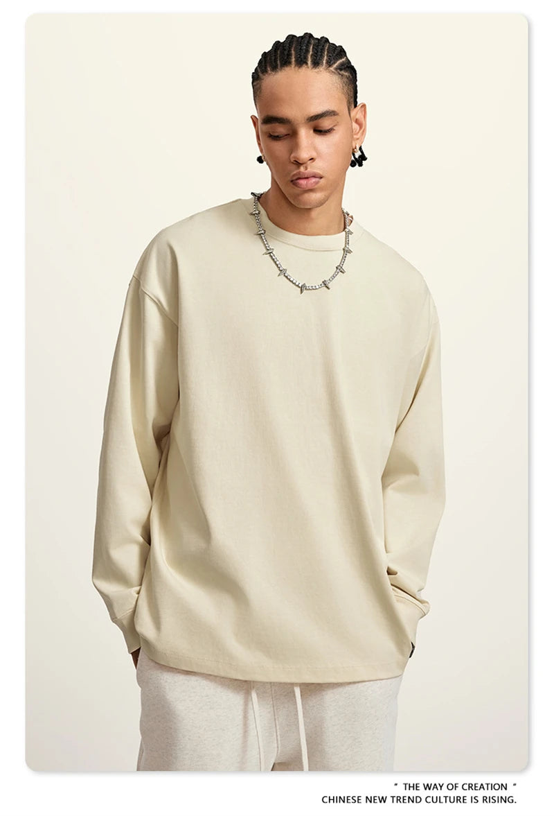 ZODF Autumn Winter 425gsm Long Sleeve T-Shirt American Retro Unisex Loose Heavyweight Basic Cotton T Shirts TEE HY0676