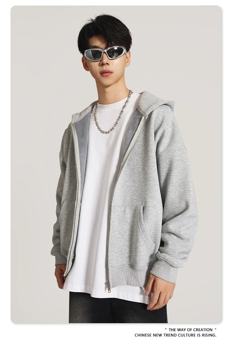 ZODF New Winter Men Zipper Fleece Hoodies Unisex Loose Heavy Weight Thick Warm Basic 420gsm Hooded Coats Hoodie HY0747