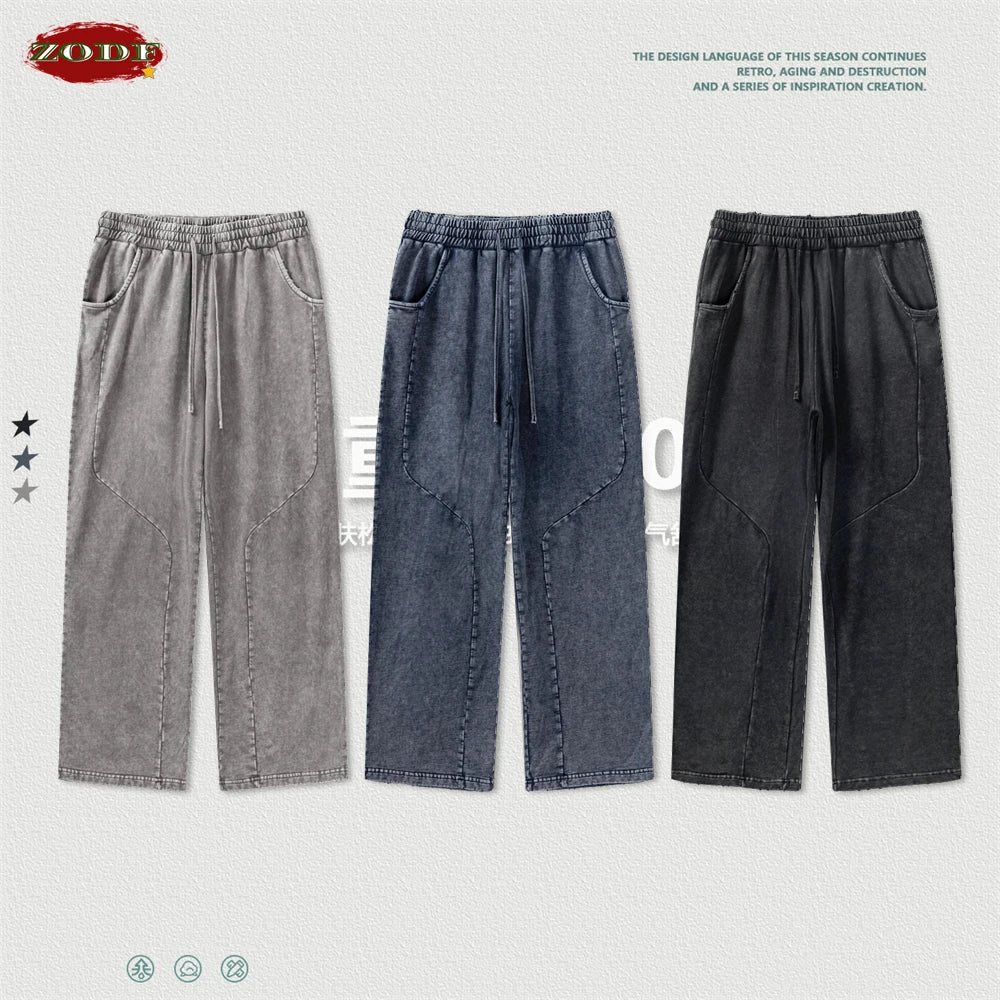 ZODF Retro 2024 Spring Men Washed Cotton Straight Pants Unisex Casual 330gsm Distressed Loose Trousers Brand Clothes HY0830