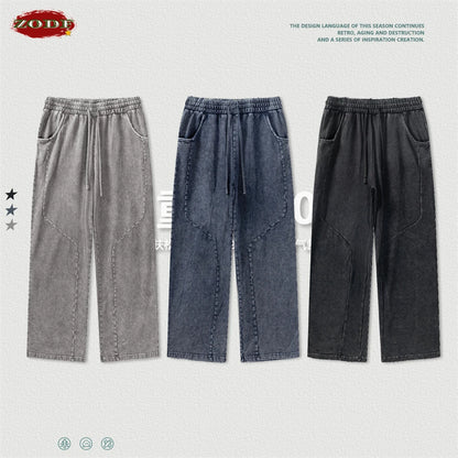 ZODF Retro 2024 Spring Men Washed Cotton Straight Pants Unisex Casual 330gsm Distressed Loose Trousers Brand Clothes HY0830