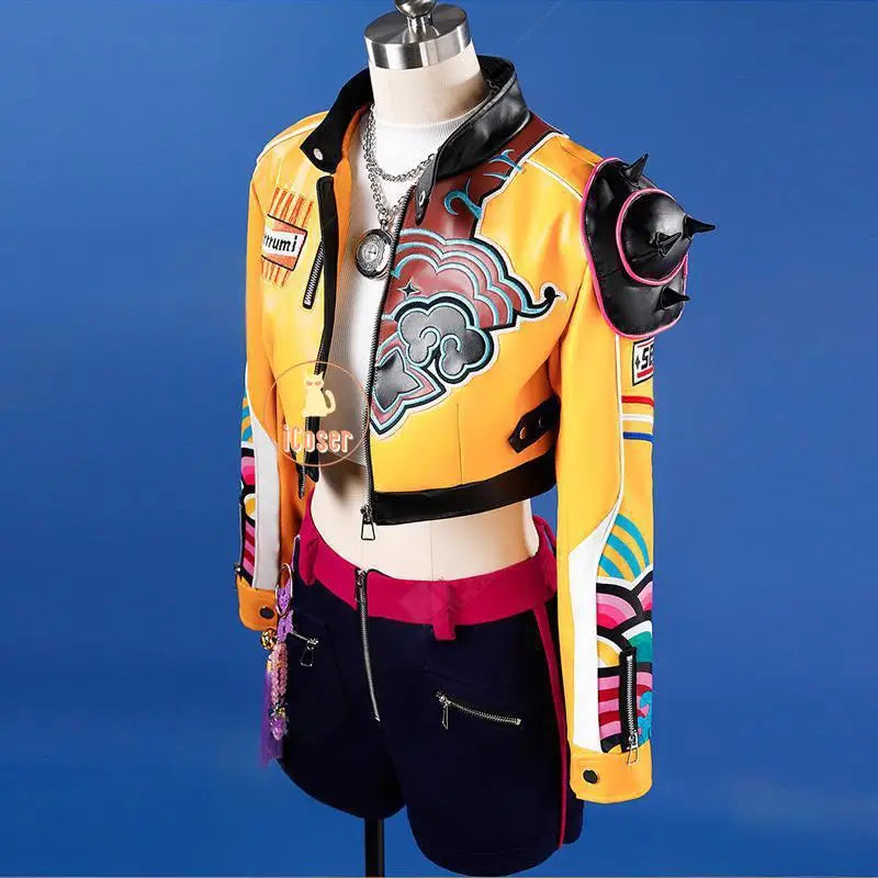 Anime KPop Demon Hunters Rumi Cosplay Costume Wig Yellow Leather Jacket Huntrix Uniform Halloween Party Women Girls Props iCoser