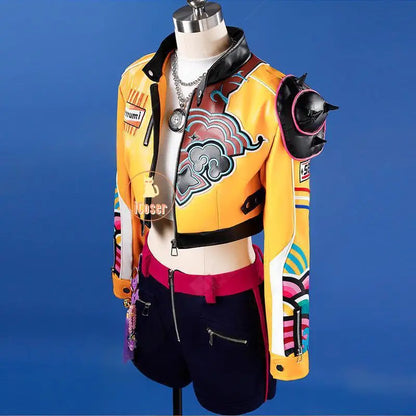 Anime KPop Demon Hunters Rumi Cosplay Costume Wig Yellow Leather Jacket Huntrix Uniform Halloween Party Women Girls Props iCoser