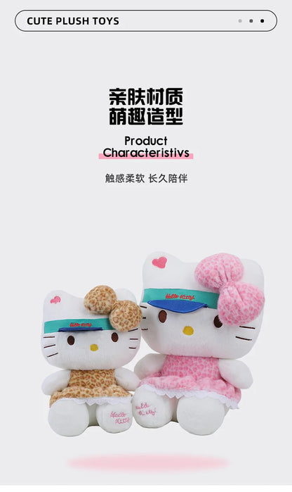 New Sanrio Plush Leopard Print Baseball Cap KT Cat Hello Kitty Stuffed Animal Kitten Pillow Doll for Kids Birthday Xmas Gift For
