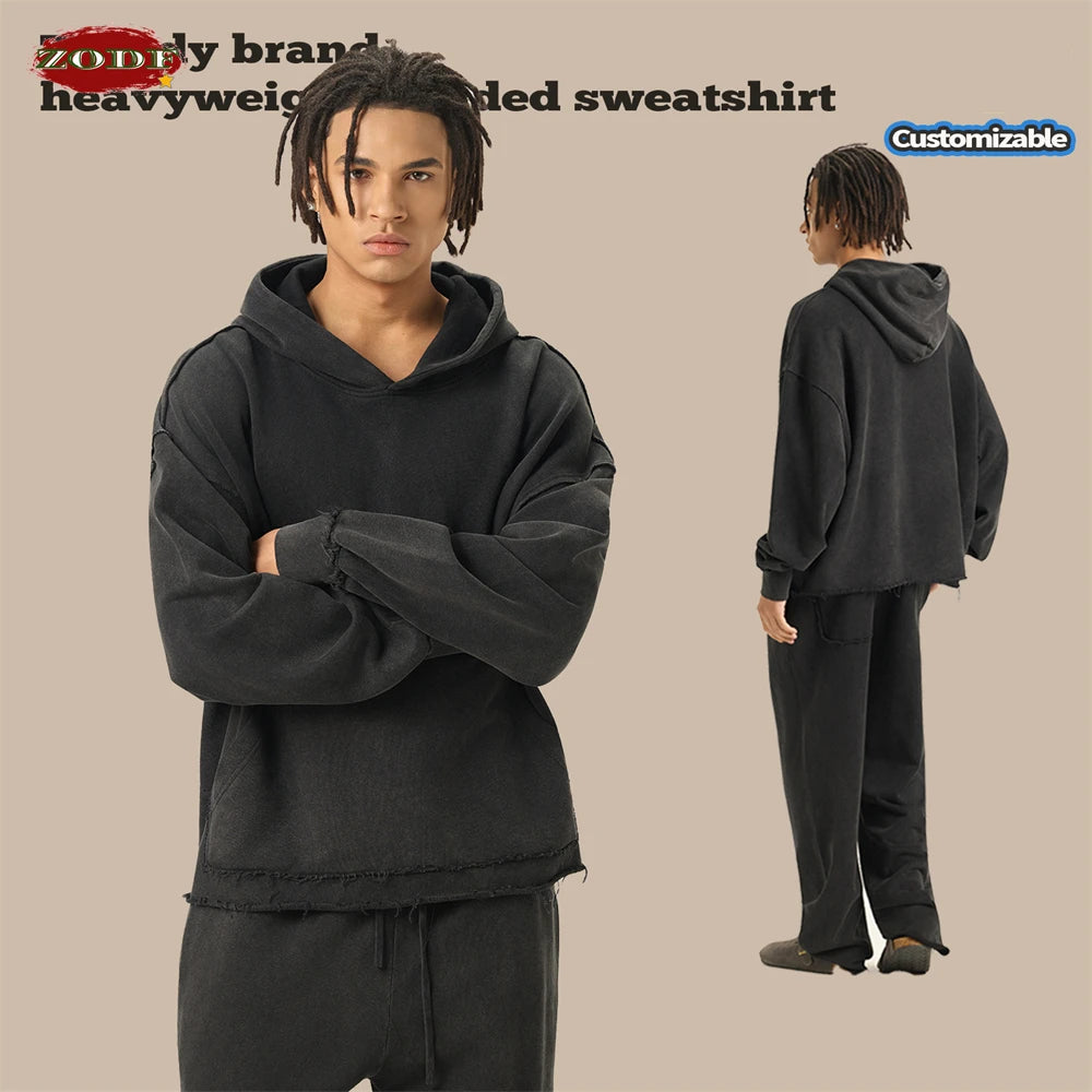 ZODF Retro Winter Men Washed 100% Cotton Boxy Hoodies Unisex Loose Fit Distressed Hooded Pullovers Coats Brand Outfits HY0048