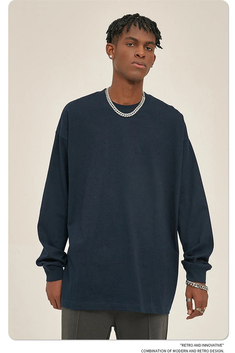 ZODF New 2025 Autumn Men 305gsm 100% Cotton T Shirt Unisex Loose Heavy Weight Basic Long Sleeve Solid T-Shirts Tops HY0634