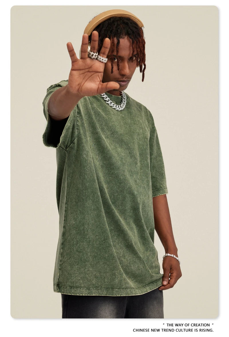 ZODF New Summer Men Washed Batik Cotton T Shirts Unisex American Retro High Street 270gsm Short Sleeve Tees Streetwear HY0489