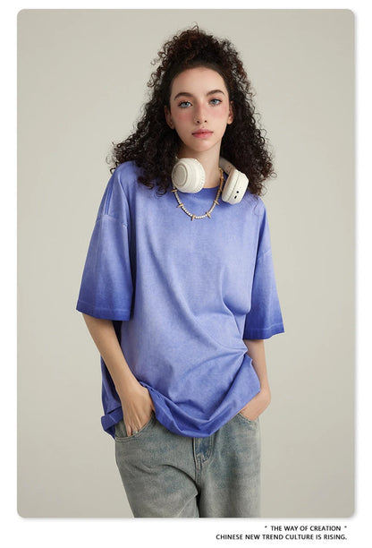 ZODF 2023 Men's Summer 255G Wash Gradient Fried Cotton T Shirt Round Neck Short Sleeve American Retro Loose T-Shirt HY0547