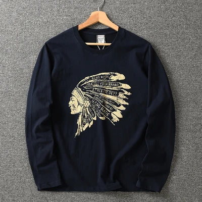 Autumn New American Retro Long Sleeve O-neck Indian Printed T-shirt Men's Fashion 100% Cotton Washed Casual Bottoming Tops