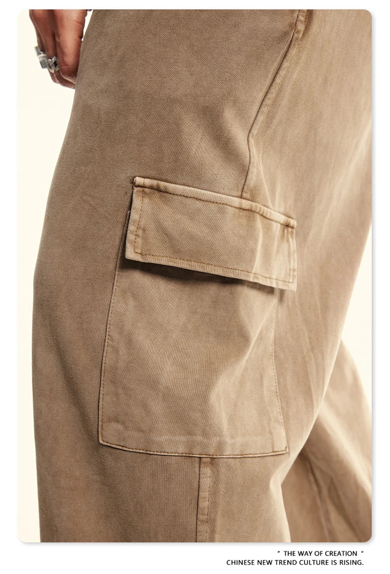 ZODF New 2024 Spring Summer 358gsm Cotton Cargo Pants For Men Unisex Casual Washed Straight Multi-Pockets Loose Trousers HY0829