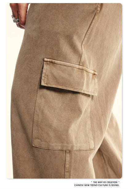 ZODF New 2024 Spring Summer 358gsm Cotton Cargo Pants For Men Unisex Casual Washed Straight Multi-Pockets Loose Trousers HY0829