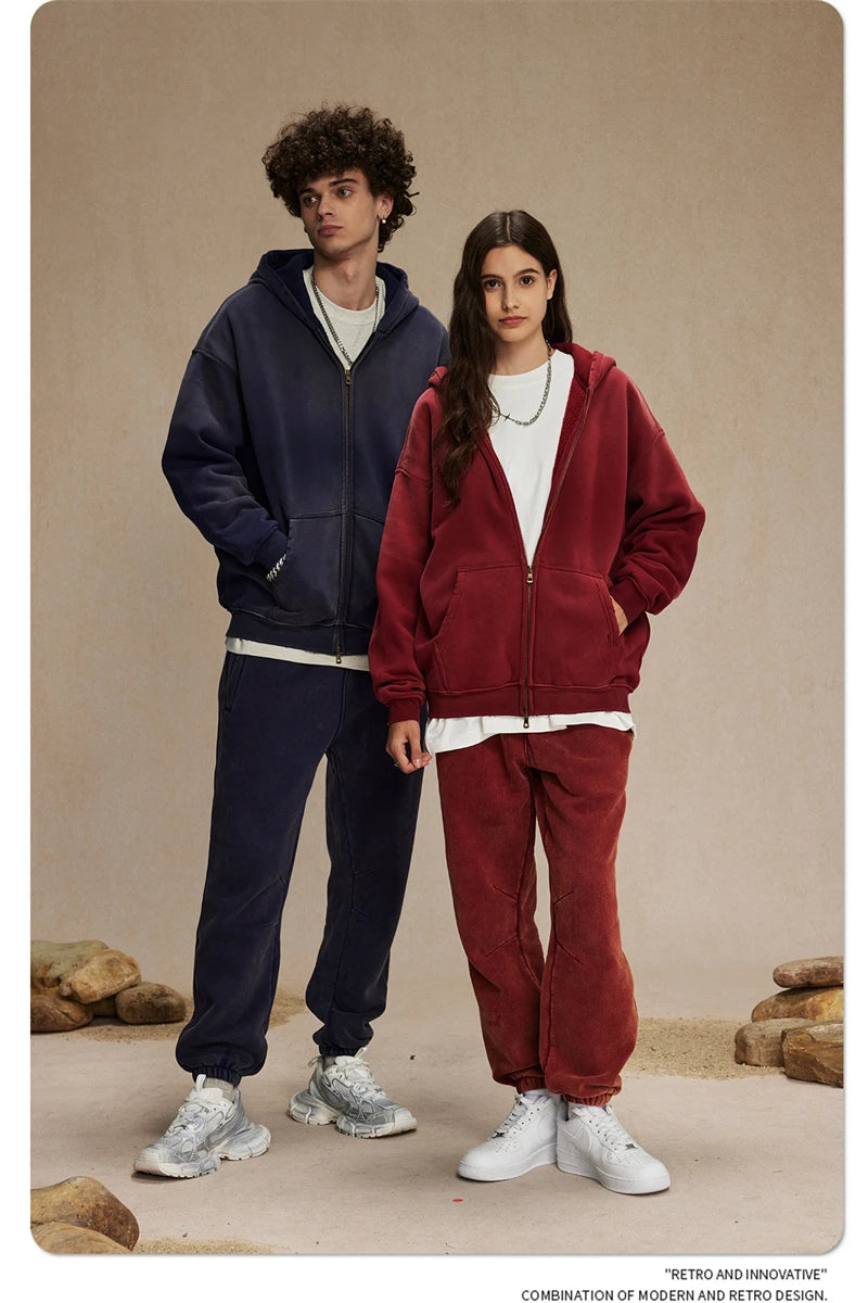 ZODF Retro Winter Men Spray-Dyed Zipper Hoodies Unisex Loose 360gsm Zipper Fleece Hooded Sweatshirt Pullovers Coats HY0719