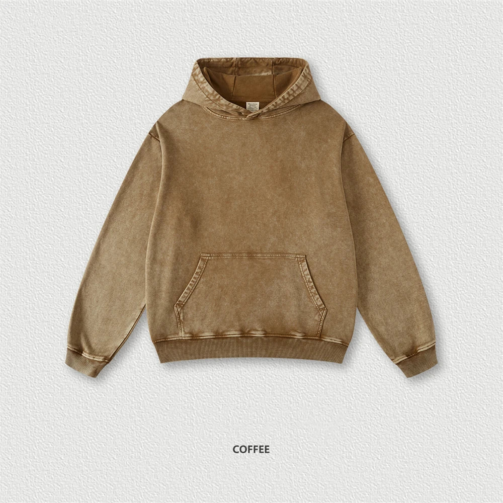ZODF Retro Men Heavyweight 420gsm Washed Cotton Loose Hooded Sweatshirt Pullover HY0466 - Coffee / XXL / China Mainland