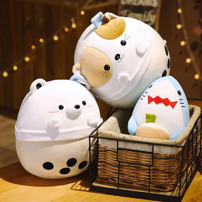 Cartoon Animals Shape Boba Stuffed Panda Polar Bear Shark Bubble Tea Plush Doll Hug Throw Pillow for Kids Round Ball Soft Drink