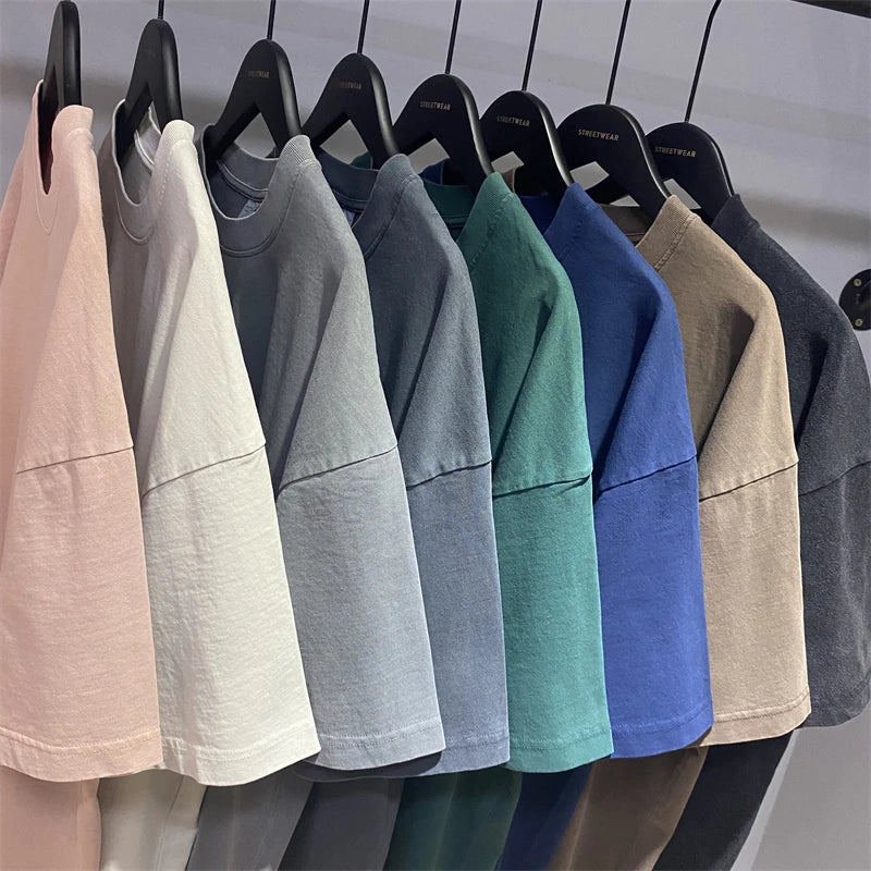 ZODF New Summer Solid Washed Cotton T-Shirts Streetwears For Men Unisex Retro High Street 275gsm Basic Tees Brand Tops HY0071