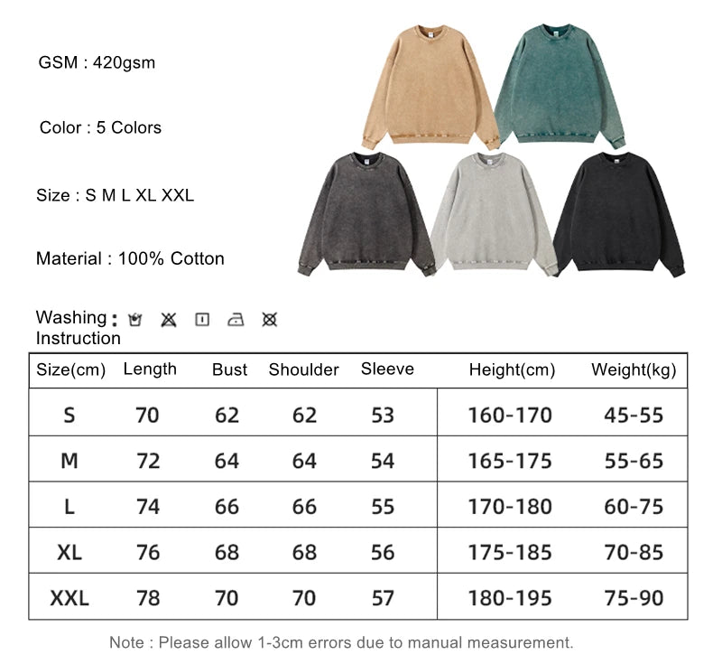 ZODF Retro Autumn Men Batik Washed Cotton Sweatshirts Unisex Loose 420gsm Terry O Neck Pullovers Streetwears HY0665