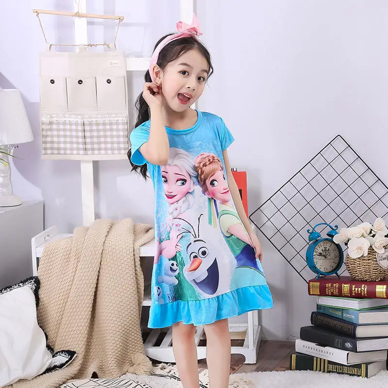 Girls Night Dress Summer Cartoon Snow White Frozen Princess Elsa Mermaid Print Toddler Girl Nightgown for Teens