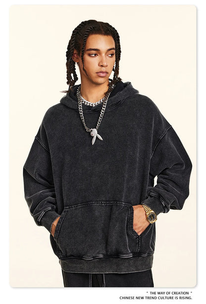 ZODF Retro Men Heavyweight Washed Cotton Hoodies Unisex Loose Thick 420gsm Hooded Sweatshirts Pullovers Coats HY0466
