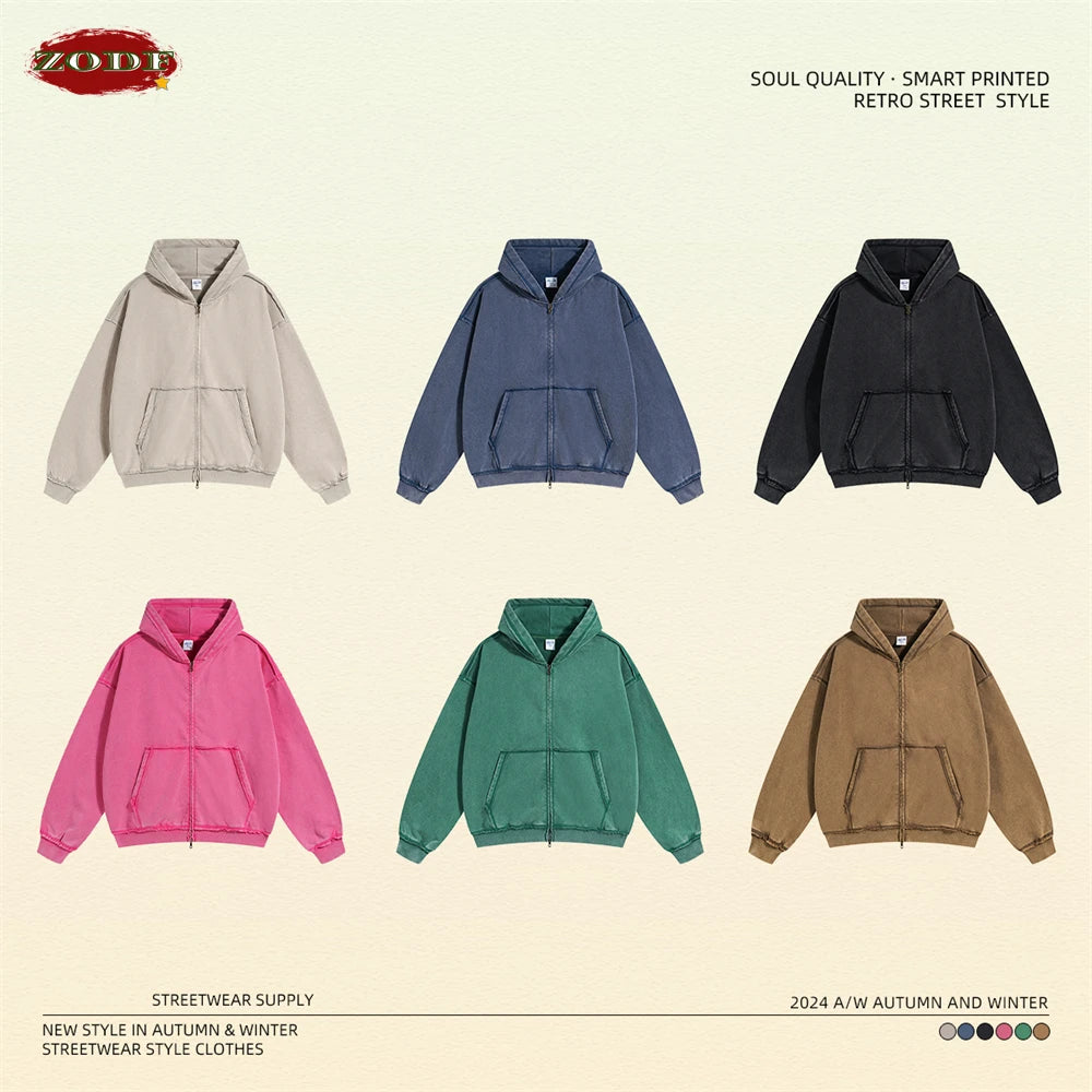 ZODF Retro Men's Heavyweight 450gsm Zipper Hoodies Unisex Loose Distressed Washed Batik Knitted Hooded Coat Jacket HY0889