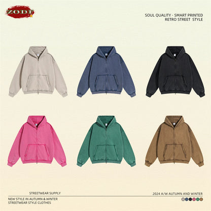 ZODF Retro Men's Heavyweight 450gsm Zipper Hoodies Unisex Loose Distressed Washed Batik Knitted Hooded Coat Jacket HY0889