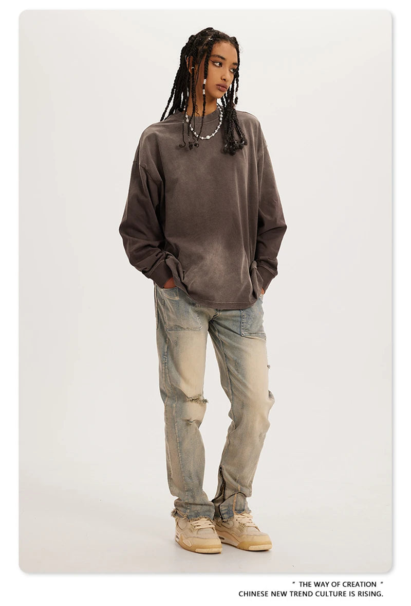 ZODF Retro Monkey Washed 260gsm Cotton T-Shirt For Men Unisex High Street Loose Full Sleeve T Shirt Brand Streetwear HY0406